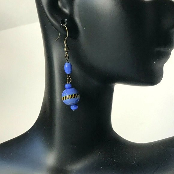 Vintage Blue Murano Glass Bead Earrings Dangle Montana Gold Plated - Picture 3 of 10